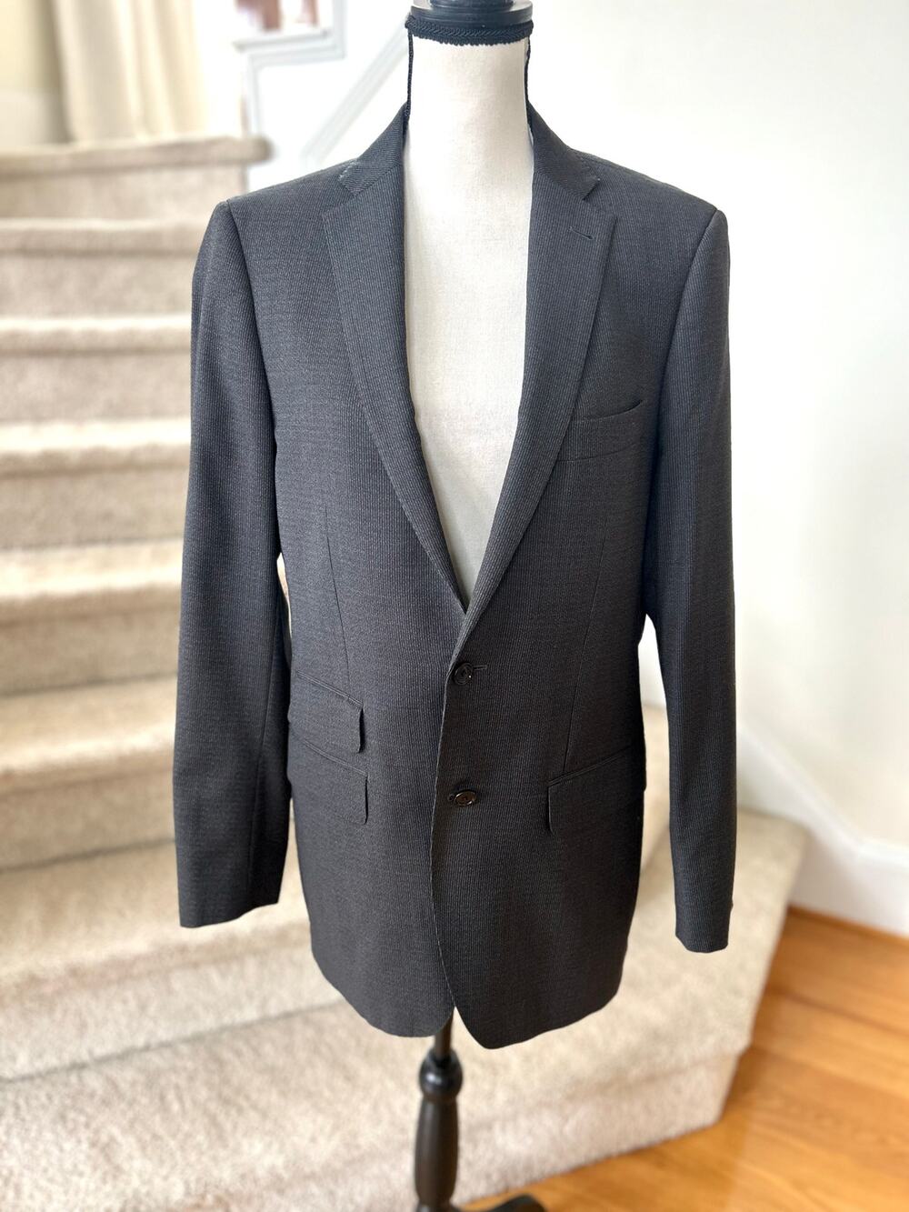 Indochino Gray White Subtle Pin Stripe Two Button Double Vent Blazer